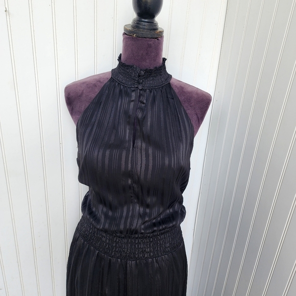 MSK Womens Black Silver Metallic Mock Neck Keyhole Dress Midi Smocked Waist Sz L - Picture 2 of 13